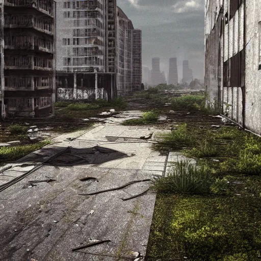 Prompt: a deserted city, empty buildings with vegetation, post apocalyptic, deserted, corruped architecture, trending on artstation, deviantart, high detail, high definiton, high quality, ultra realistic, hyper realistic, 4 k uhd,