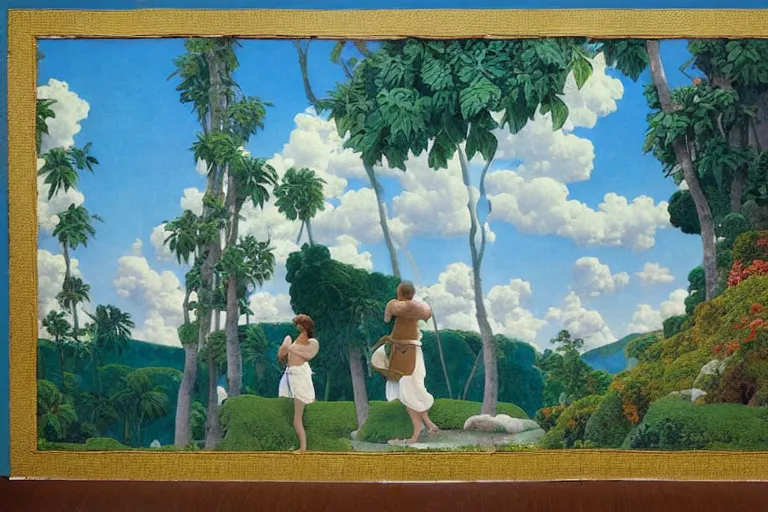 Prompt: painting of the paradise, clouds, chill, romantic, by ludwig deutsch and maxfield parrish, patterned tilework, extremely detailed, cinematic lighting, smooth sharp focus