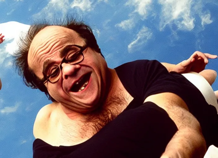 Prompt: Danny Devito dressed as a ballerina skydiving