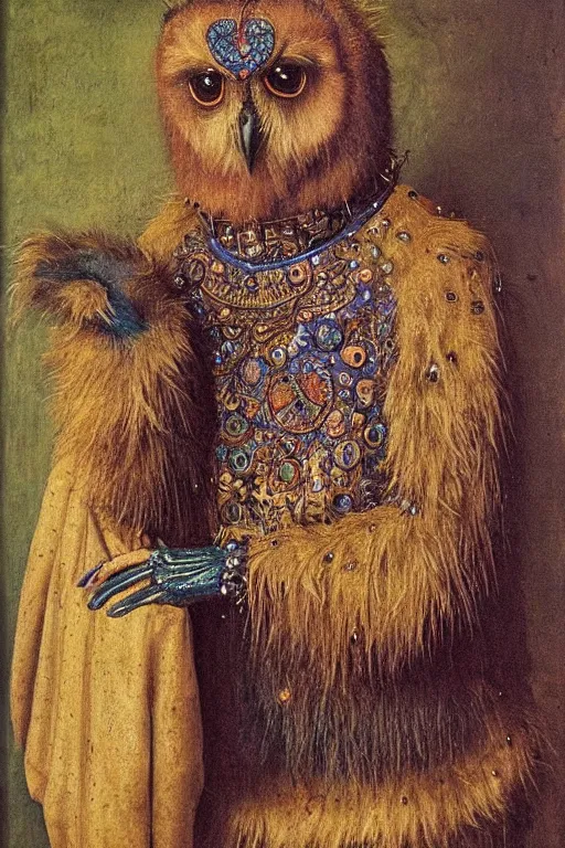 Image similar to portrait of humanoid iridescent blue owlbear wearing a loose tunic. an anthropomorphic owlbear. fantasy, oil painting by jan van eyck, northern renaissance art, oil on canvas, wet - on - wet technique, realistic, expressive emotions, intricate textures, illusionistic detail