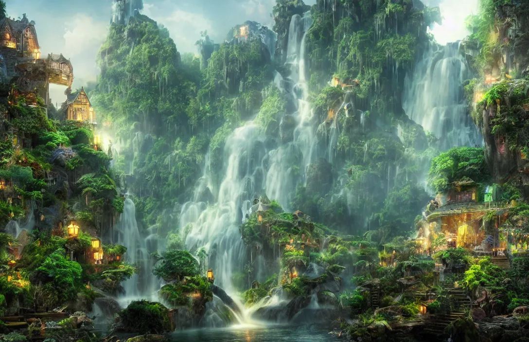 Prompt: magical fantasy town, background : giant bioluminscent waterfall, quaint vibes, epic fantasy, ultra hd render + 4 k uhd + immense detail + very crisp and clear image