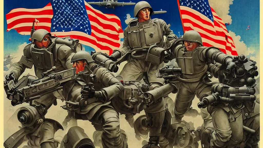 Image similar to America and Japan fight WWII with mechs, in the style of Norman Rockwell, sci-fi illustrations, propaganda poster, highly detailed, intricate, photorealistic, award-winning, patriotic, dark, gritty, oil painting