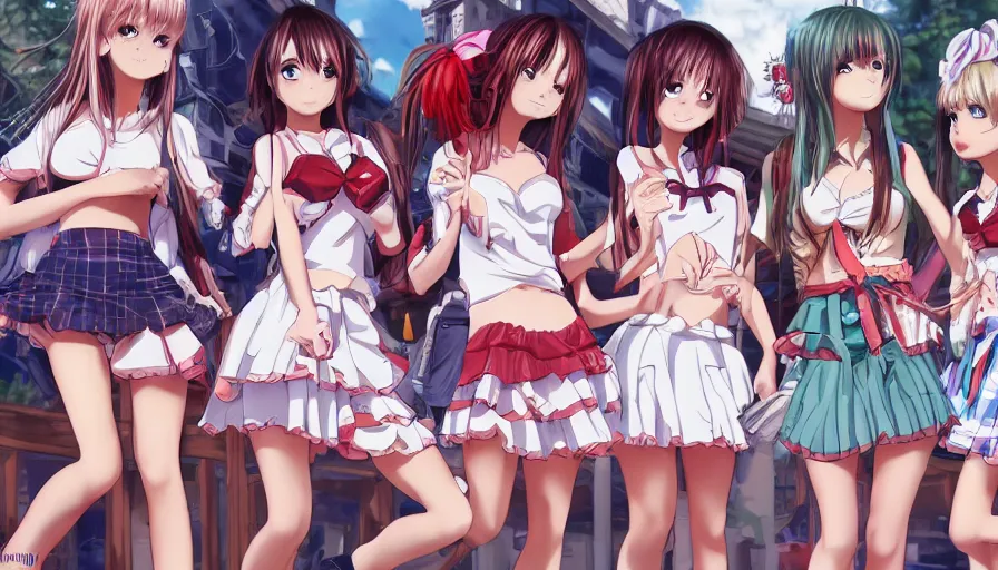 Image similar to waldo hiding amongst a group of cute anime girls in short miniskirts, lightly dressed, ultra detailed digital art, hyper real, detailed, closeup shot, ultra detailed