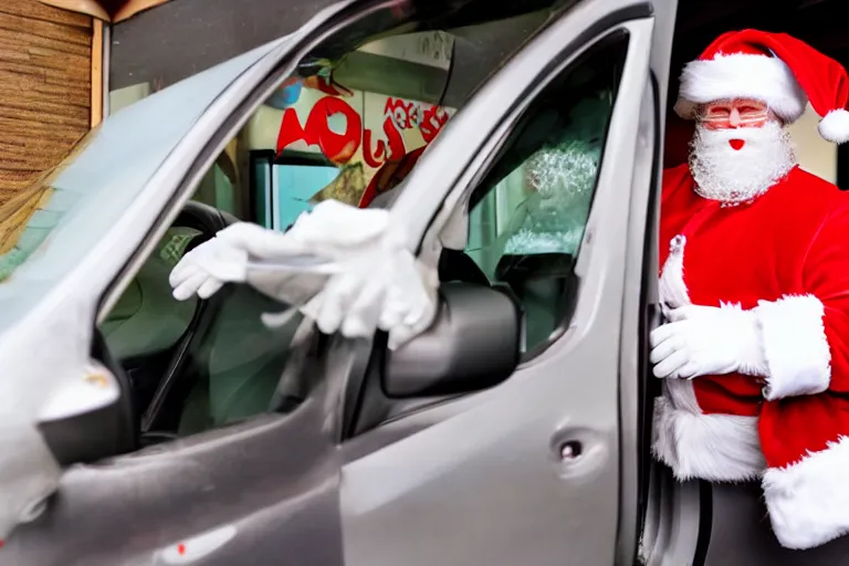 Prompt: santa claus working in a mcdonald's drive-thru