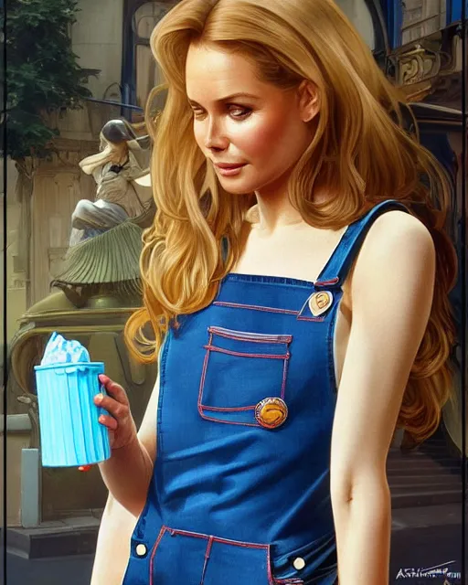 Image similar to a blonde fuller figured barbara bach from the bond film wearing blue dungarees and eating ice creams in porto, real life skin, intricate, elegant, highly detailed, artstation, concept art, smooth, sharp focus, art by artgerm and greg rutkowski and alphonse mucha