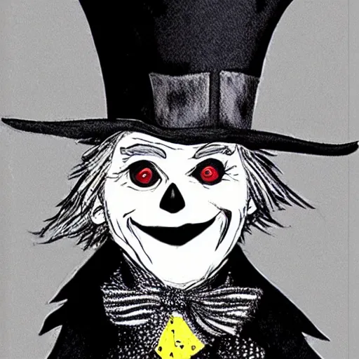 Image similar to a Pop Wonder scary horror themed goofy-hilarious-character Jack-Frost-Babadook-scarecrow-madhatter-williewonka-wearing a scarf, 3-piece-suit, dime-store-comic drawn with charcoal and pen and ink, half-tone-line-stacking