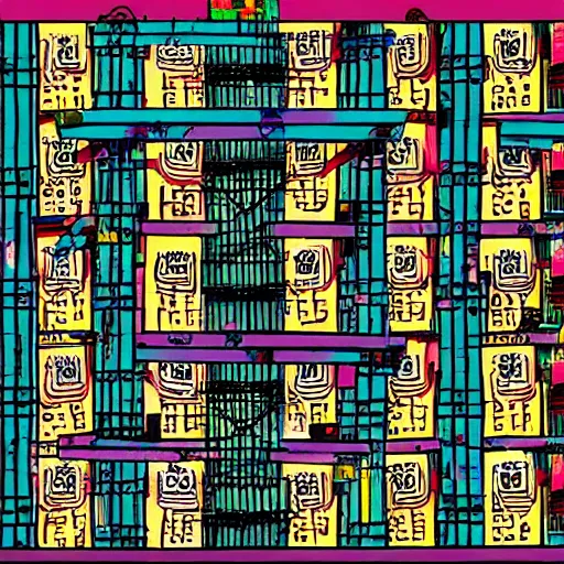 Image similar to a chinese prison, in the style of daniel johnston and outsider art, 8 k, line brush, minimal, brightly coloured, flat blocks of color, overlaid with chinese adverts