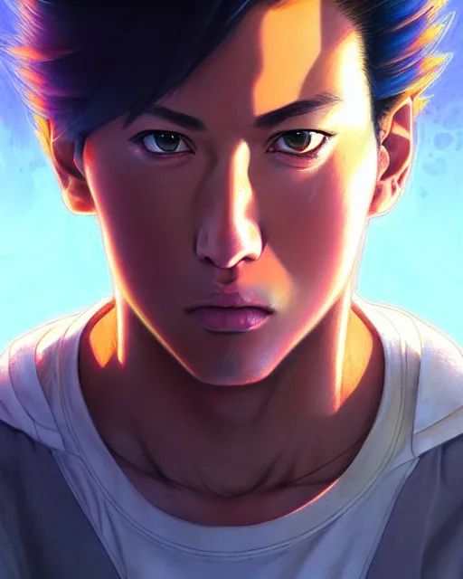 Image similar to well drawn animation portrait Anime skateboarder Stallone Sharp fine face, realistic shaded Perfect face, fine details. Anime. cyberpunk realistic shaded lighting by katsuhiro otomo ghost-in-the-shell, magali villeneuve, artgerm, rutkowski Jeremy Lipkin and Giuseppe Dangelico Pino and Michael Garmash and Rob Rey
