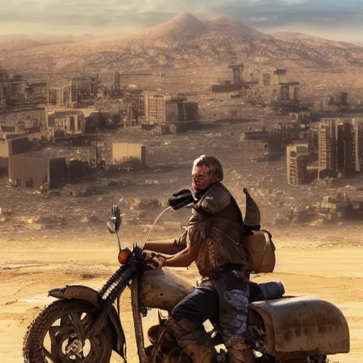 Prompt: Post Apocalyptic scavenger riding a motorcycle in a large desert with a damaged city in the background