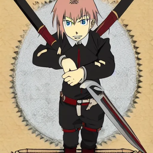 Image similar to young blonde boy thief with daggers in a steampunk city, full metal alchemist, anime style