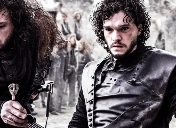 Image similar to promotional image of a kit harrington in a heavy metal band in a movie from 1978, rugged black clothes, detailed face, movie still frame, promotional image, imax 70 mm footage