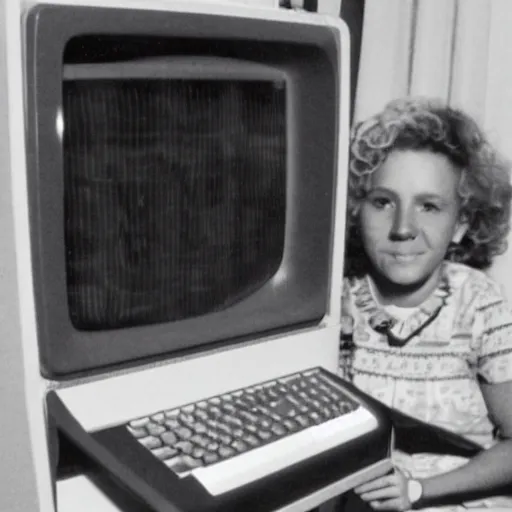 Image similar to weird person in front of C64 computer, old photograph