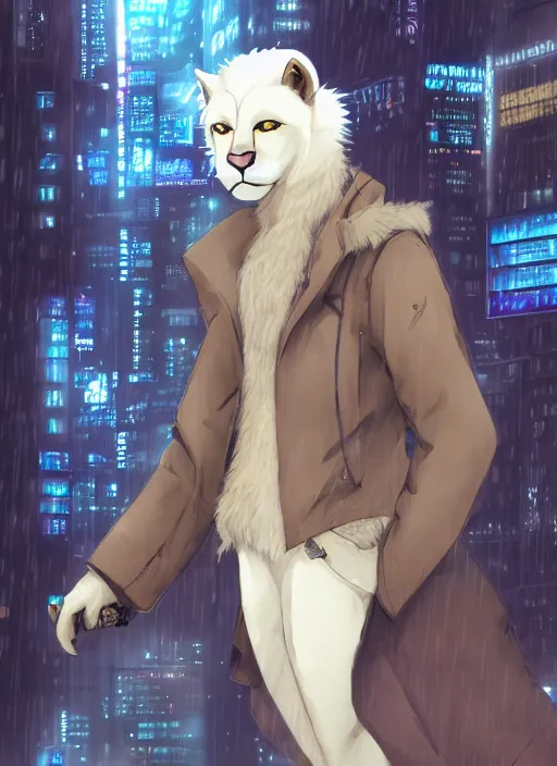 Image similar to character portrait of a male anthro albino mountain lion fursona with a cute beautiful attractive furry face wearing stylish clothes in a cyberpunk city at night while it rains. hidari, color page, tankoban, 4K, tone mapping, Akihiko Yoshida.