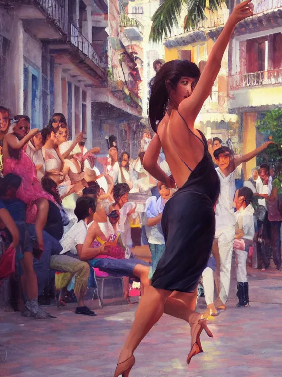 Prompt: an ultradetailed beautiful portrait painting of a cuban girl as a salsa dancer on a spanish plaza, side view, oil painting, high resolution, by ilya kuvshinov, greg rutkowski and makoto shinkai