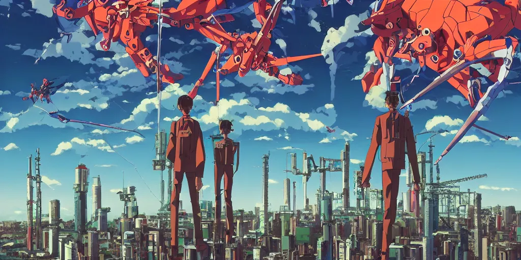 Image similar to Evangelion Movie poster, 3D anime, Arcane Style, Retropunk, Steampunk, high resolution, clock tower inside iron and machines, side scrolling, Rule of Thirds, 4K, Retrofuturism, Studio Ghibli, Simon Stålenhag
