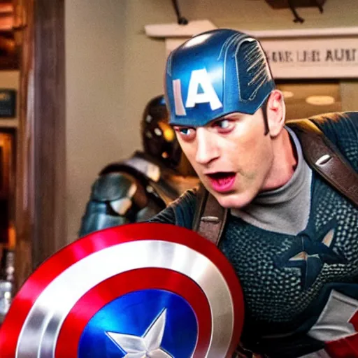 Image similar to photo of captain america fighting the english defence league in a british pub