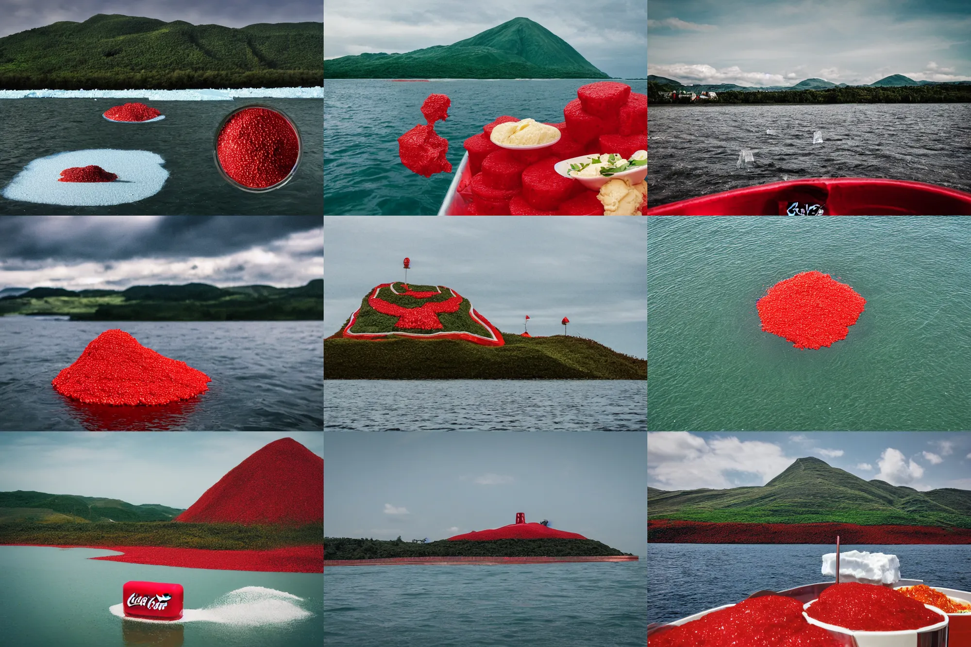 Image similar to an island made of food, water from coca - cola around the island, red caviar instead of sand, hills with ice cream instead of mountains, photo taken from a boat, 3 5 mm, cinematic