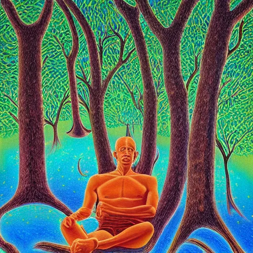 Image similar to painting of a peaceful man relaxing under a tree by alex grey, acrylic art, calm, soothing, cosy, elegant, soft light, psychedelic