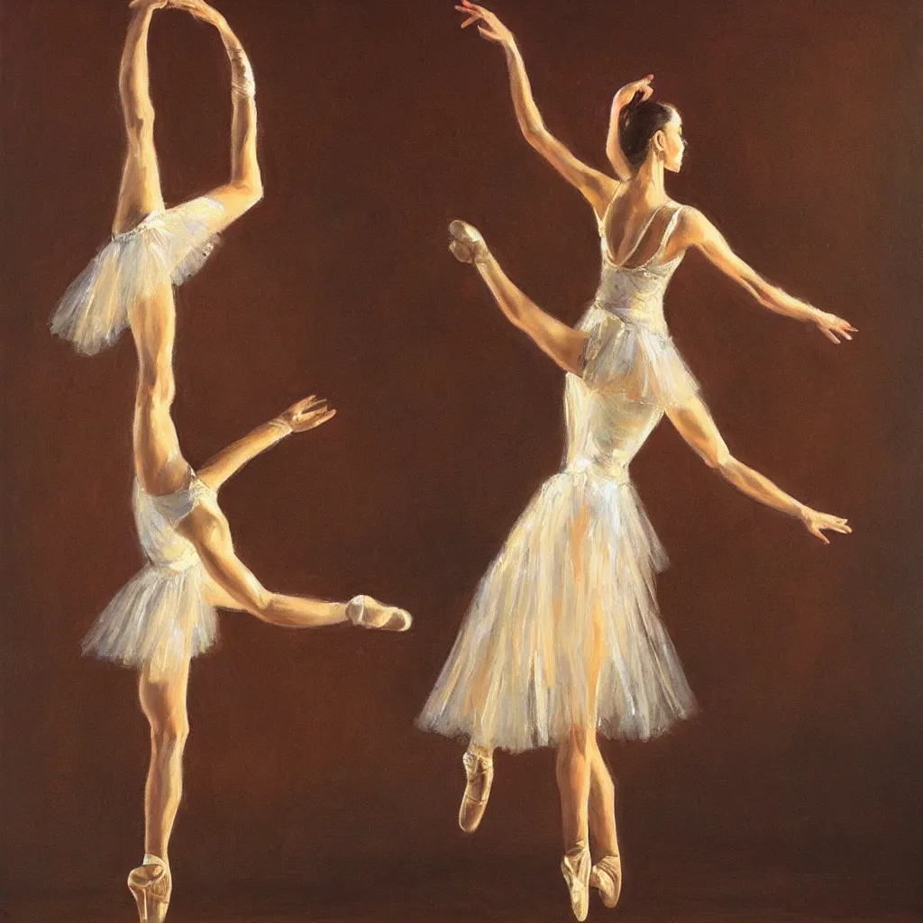 Image similar to a stunning oil painting of a ballerina in a spotlight, arabesque