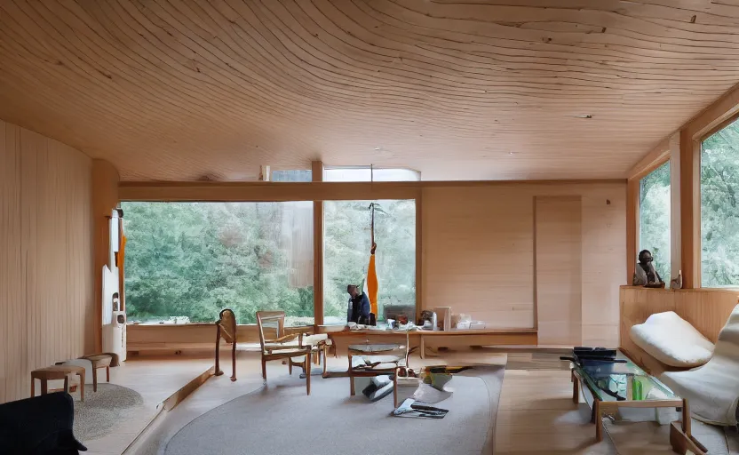 Image similar to luxurious wooden cottage by alvar aalto, modern japanese living room, japanese flower arrangements, coherent composition, architecturally accurate, architecture photography