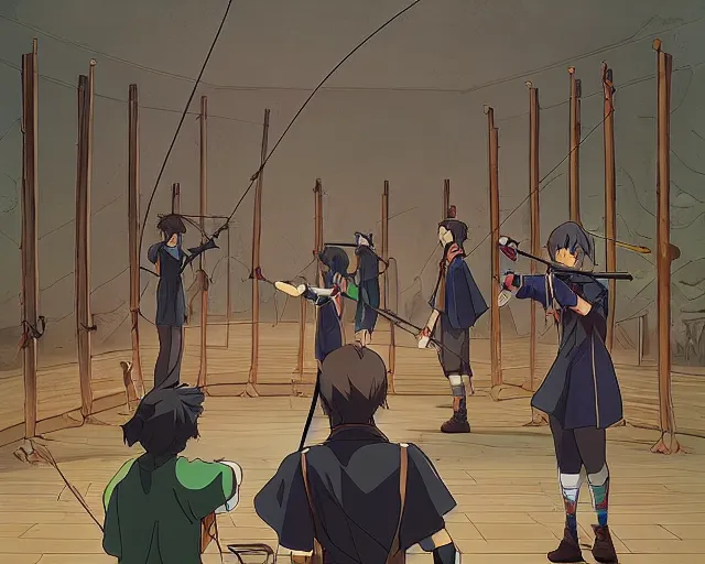 Image similar to cell shaded anime key visual of a group apprentice wizards training in an archery dojo in the style of studio ghibli, moebius, ayami kojima, makoto shinkai, dramatic lighting, clean lines