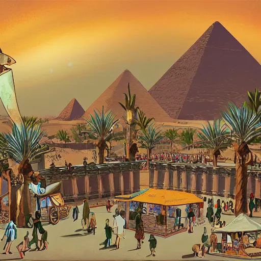 Prompt: a theme park in old egypt, sphynx and pyramids visible, illustration, digital art by laura price