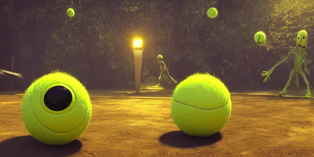 Image similar to a photo of 8 k ultra realistic giant tennis ball monster, tennis ball monsters, creepy, weird, horror, funny, exotic, cinematic lighting, trending on artstation, 4 k, hyperrealistic, focused, high details, unreal engine 5, cinematic, bright alien planet atmosphere in background, 3 d render by basil gogos and beeple