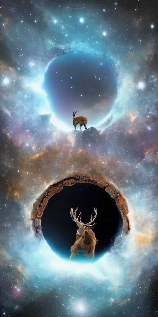 Image similar to an extreme long shot of a deer peering into a giant portal into the universe in the shape of a keyhole to the nebulae and galaxies, an eagle flying, beautiful matte painting by weta workshop 4 k, cinematic dramatic atmosphere, dramatic lighting, trending on artstation