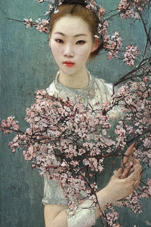 Image similar to close - up fashion asian woman portrait airy flowers sacura cloudy sky art by vasnetsov