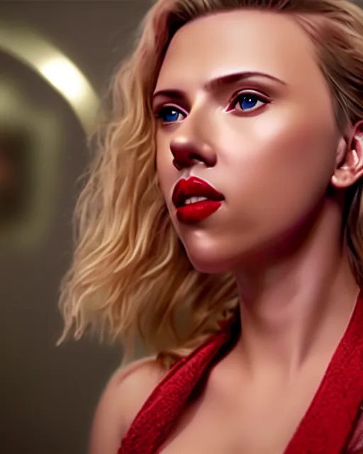 Prompt: highly detailed vfx portrait of scarlett johansson, red lipstick, global illumination, detailed and intricate environment