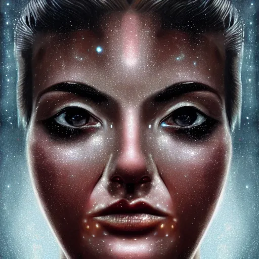 Image similar to closeup of sweating forehead, big drops of sweat, airbrush painting, forehead only, by Hajime Sorayama, symmetric face, beautiful face, highly realistic, star flares, trending on artstation, beautiful lighting, sharp, details, hyper-detailed, HD, HDR, 4K, 8K