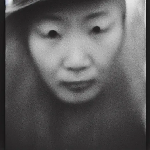 Image similar to photo of 梅艳芳 by Diane Arbus, extreme closeup, black and white, high contrast, Rolleiflex, 55mm f/4 lens