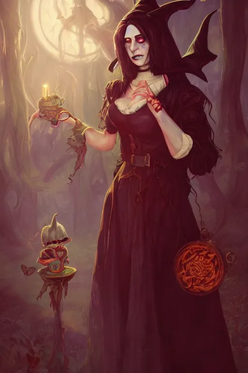 Image similar to portrait of a witch, american mcgee's alice, sharp focus, artstation, trending, by julie dillon, luis melo, tyler miles lockett, lei jin, hong lei, ken wong, adam narozanski, joy ang