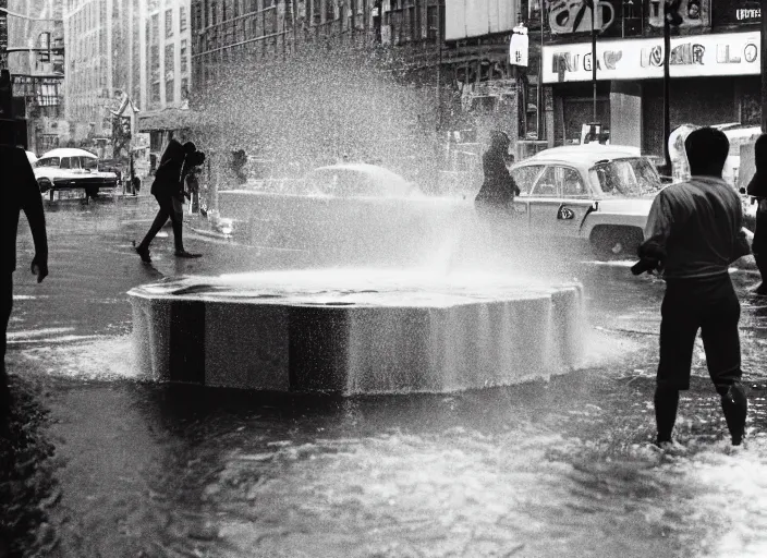 Prompt: a 3 5 mm photo from the back of people playing in splashing water from an open fire hydrant in the streets of new york city in the 1 9 6 0 s, bokeh, canon 5 0 mm, cinematic lighting, dramatic, film, photography, golden hour, depth of field, award - winning, 3 5 mm film grain