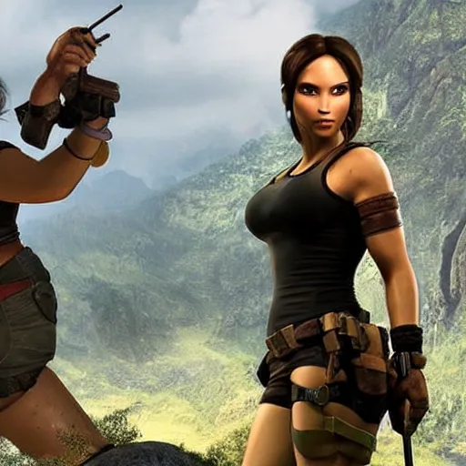 Image similar to photograph of lara croft inflated by a cursed idol. her body is huge, round, and bulging out of her clothes.