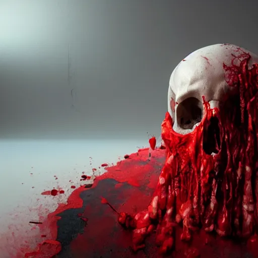 Prompt: human skull covered in cloth with blood dripping down, highly detailed, modern, digital art, red, unreal engine, photorealism, cinematic lighting, 8k photorealistic, dramatic, trending on artstation, by Greg Rutkowski