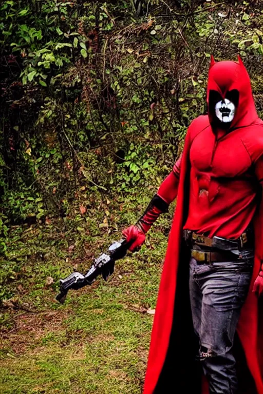 Image similar to red hood cosplay, creepy, disturbing, bloody, darkness