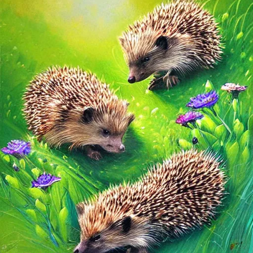 Image similar to masterpeice painting of baby hedgehogs sleeping in flowers by james gurney