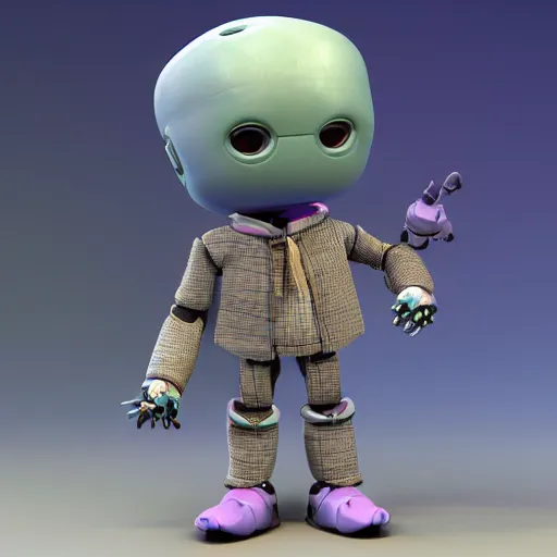 Image similar to kid robot with purple jacket design by fabricio campos and lidia morales, character modeling, toy design, substance 3 d painter, blender, mental ray, zbrush, trending in behance