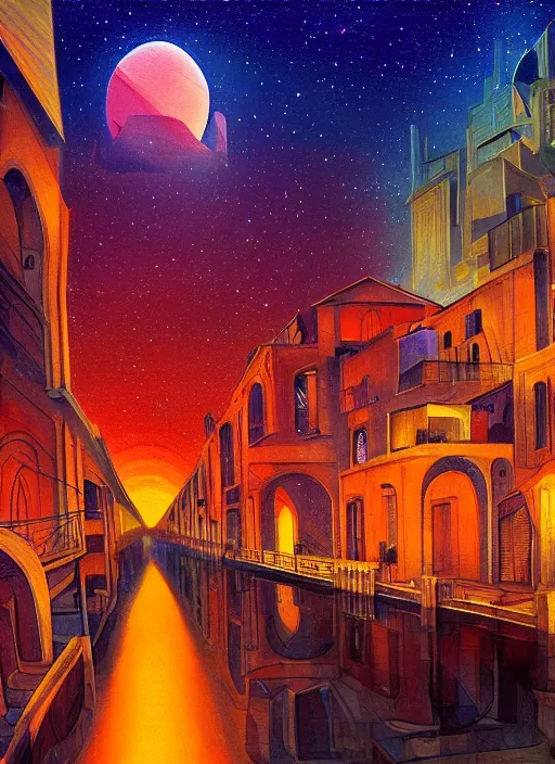 Image similar to ethereal starlit city of dreams at sunset, italian futurism, da vinci, hd, digital painting