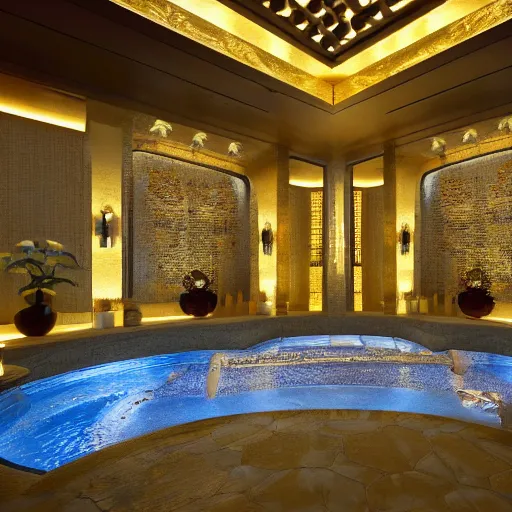 Prompt: interior of a 2 story spa with everything made of gold, candles, wellness pool, intricate detailed roof, contemporary design