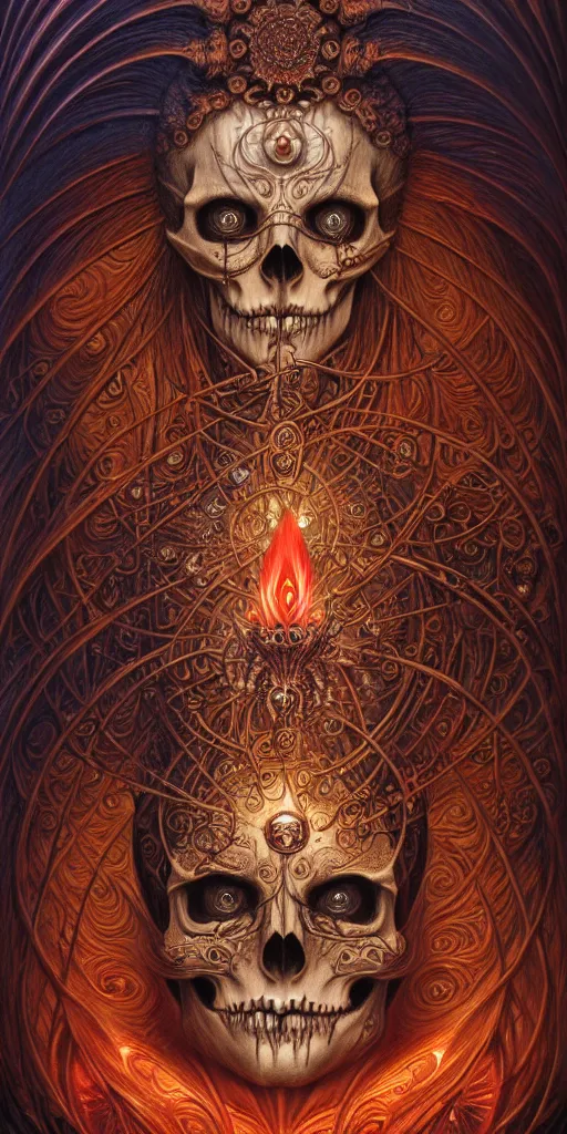 Image similar to A beautiful detailed orixa, tarot card, by tomasz alen kopera and Justin Gerard, symmetrical features, ominous, magical realism, texture, intricate, ornate, royally decorated, skull, skeleton, whirling smoke, embers, red adornements, red torn fabric, radiant colors, fantasy, trending on artstation, volumetric lighting, micro details, 3d sculpture, ray tracing, 8k, anaglyph effect