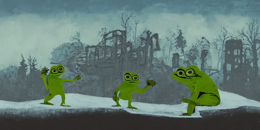 Image similar to pepe the frog snowboarding, gloomy landscape, ruins, painted by christopher radlund