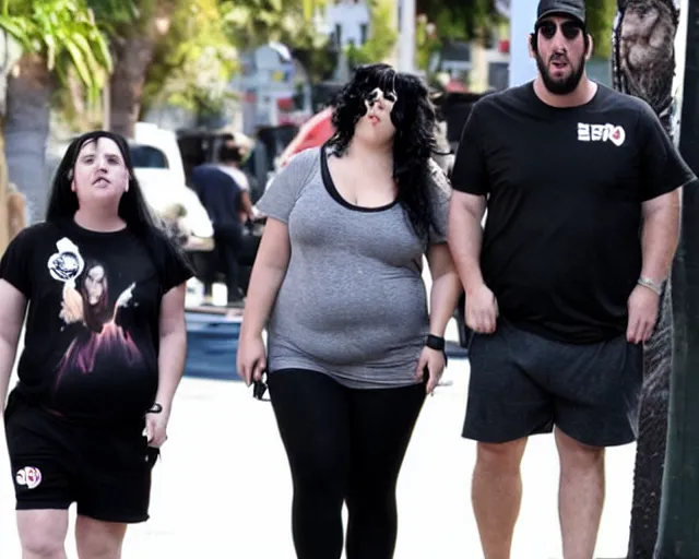Prompt: fat gamer adam sandler wearing gamer shorts and a goth gf walking in hollywood. espn coverage