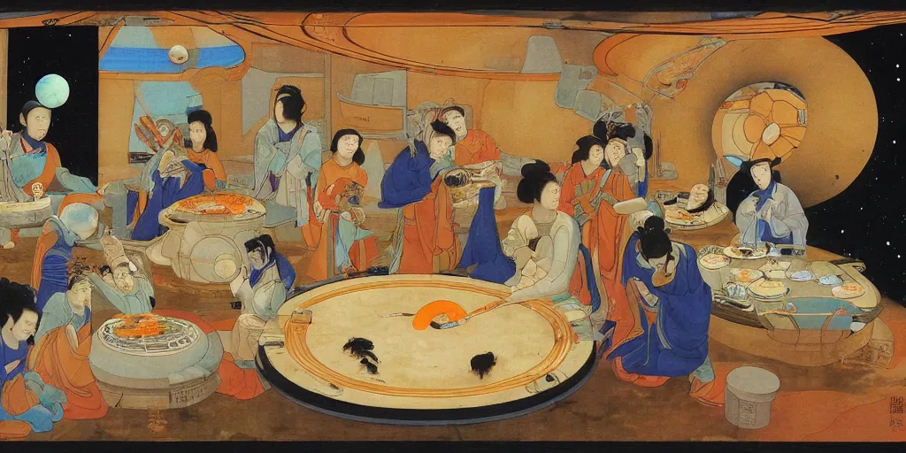 Image similar to Eating hot pot in the space station with Saturn outside the round window, in style of Tang Yin, Zhang Daqian, Yoshitomo Nara, surrealist