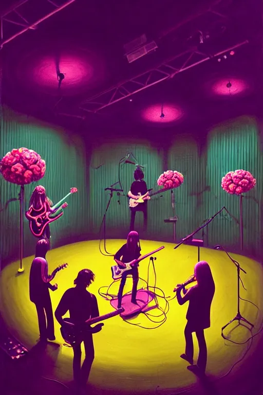 Image similar to the velvet underground and nico playing live on stage at a night club, beautiful stage decoration with flowers in the background, painting by simon stalenhag and wes anderson, very detailed and colorful and toned down and ornamental and moody and cool and relaxed and high on drugs, trending on artstation, behance contest winner