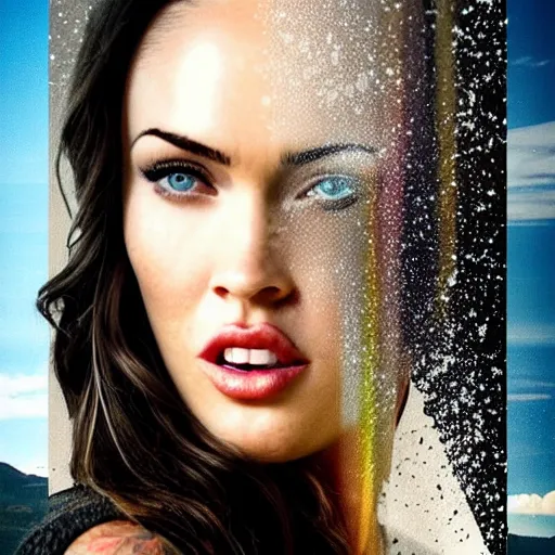 Prompt: double - exposure effect of megan fox face in beautiful mountains, in the style of dan mountford, amazing detail