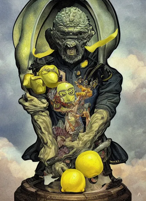 Prompt: renaissance grotesque full body portrait painting of angry crossfit lemon in a lemon themed spaceship going to a lemon portal, superior, character redesign by lee bermejo and greg rutkowski and alphonse mucha