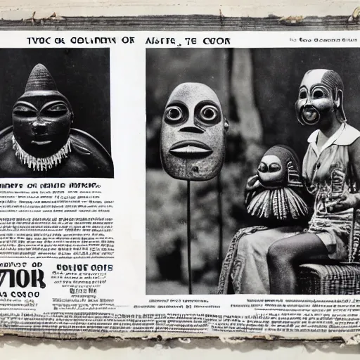 Prompt: A full page advertisement for a colonial gallery, African artifacts, masks, objects, newspaper style, black and white, African Arts magazine, 70s