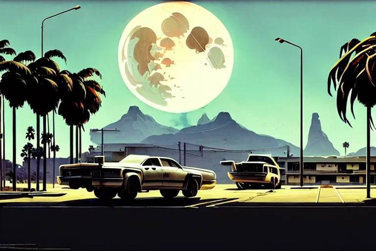 Image similar to broken robot | abandoned motel | palm trees | snowy mountains | moon in sky, painting by syd mead and weta studio and greg rutkowski and james jean and frank frazetta, gta san - andreas game screenshot, highly detailed, rule of third, soft lighting, architectural magazine, insanely intricate details, artstation trending, hypermaximalistic, high details, cinematic